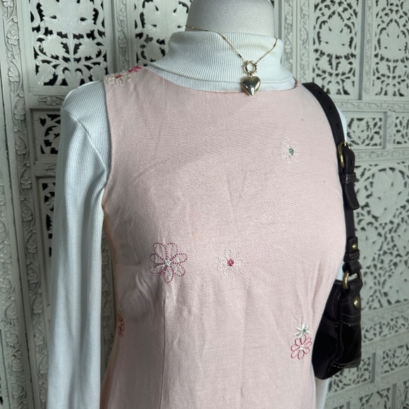 Vintage Light Pink Floral Embroidered Linen Blend Sleeveless Dress Sz Small - Picture 2 of 7